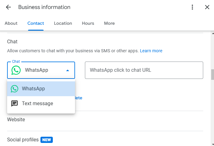 Google Business Profile option of WhatsApp and Text chat functionality)